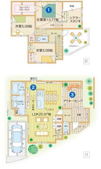 スキップフロアで寝室が映画館に変身するシアタースタジオのある住まい 間取りプラン検索 京阪神 京阪沿線で育みデザインの一戸建てを展開する富士住研