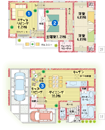 新発想のスキップフロアでくつろげるステップアップリビングのある住まい 間取りプラン検索 京阪神 京阪沿線で育みデザインの一戸建てを展開する富士住研