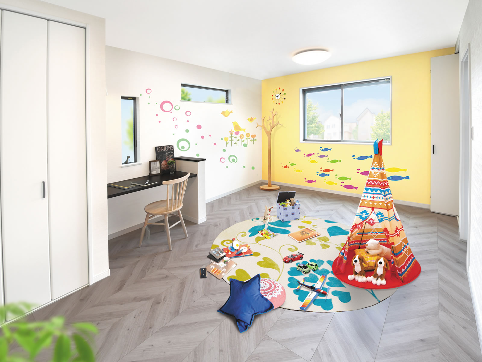 合わせて10.1帖の子供部屋は、小さい頃は兄弟いっしょに遊べて将来は2室にできる、子供の成長を考えた育み設計です。