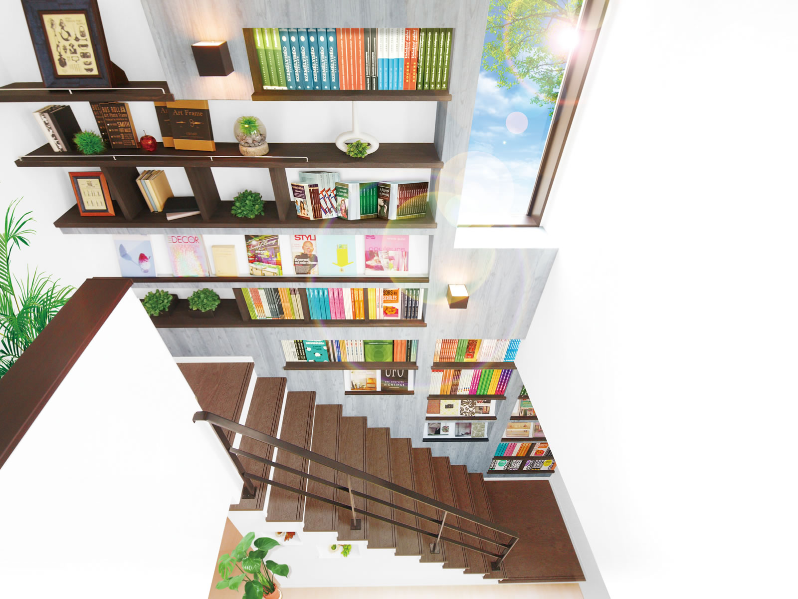 階段の壁一面を本棚に、大量の書籍を見せて収納できるライブラリーステップ。